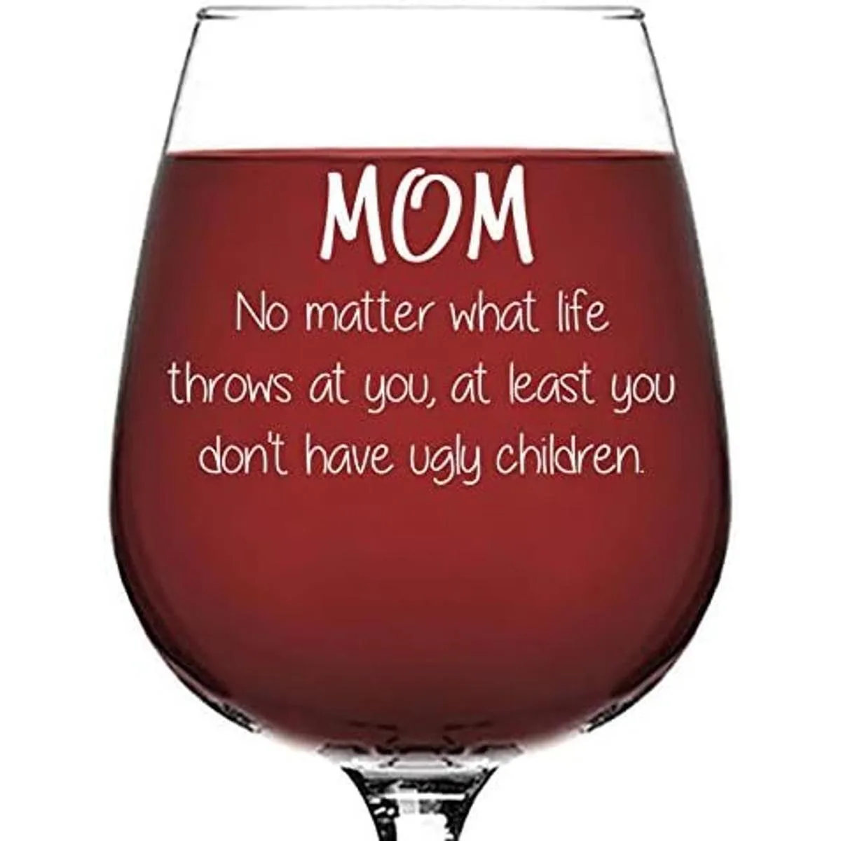Taza de vino divertida con texto en inglés Mom No Matter_2