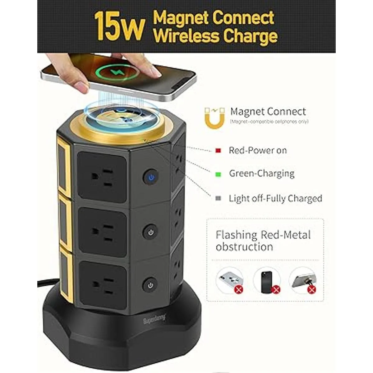 SUPERDANNY Power Strip Torre con cargador inalámbrico de 10W_2