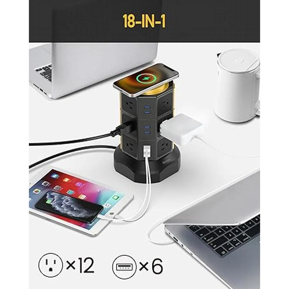 SUPERDANNY Power Strip Torre con cargador inalámbrico de 10W_3