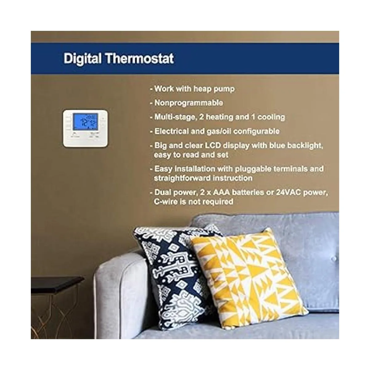 ELECTECK Heat Pump Thermostat with Large Digital LCD