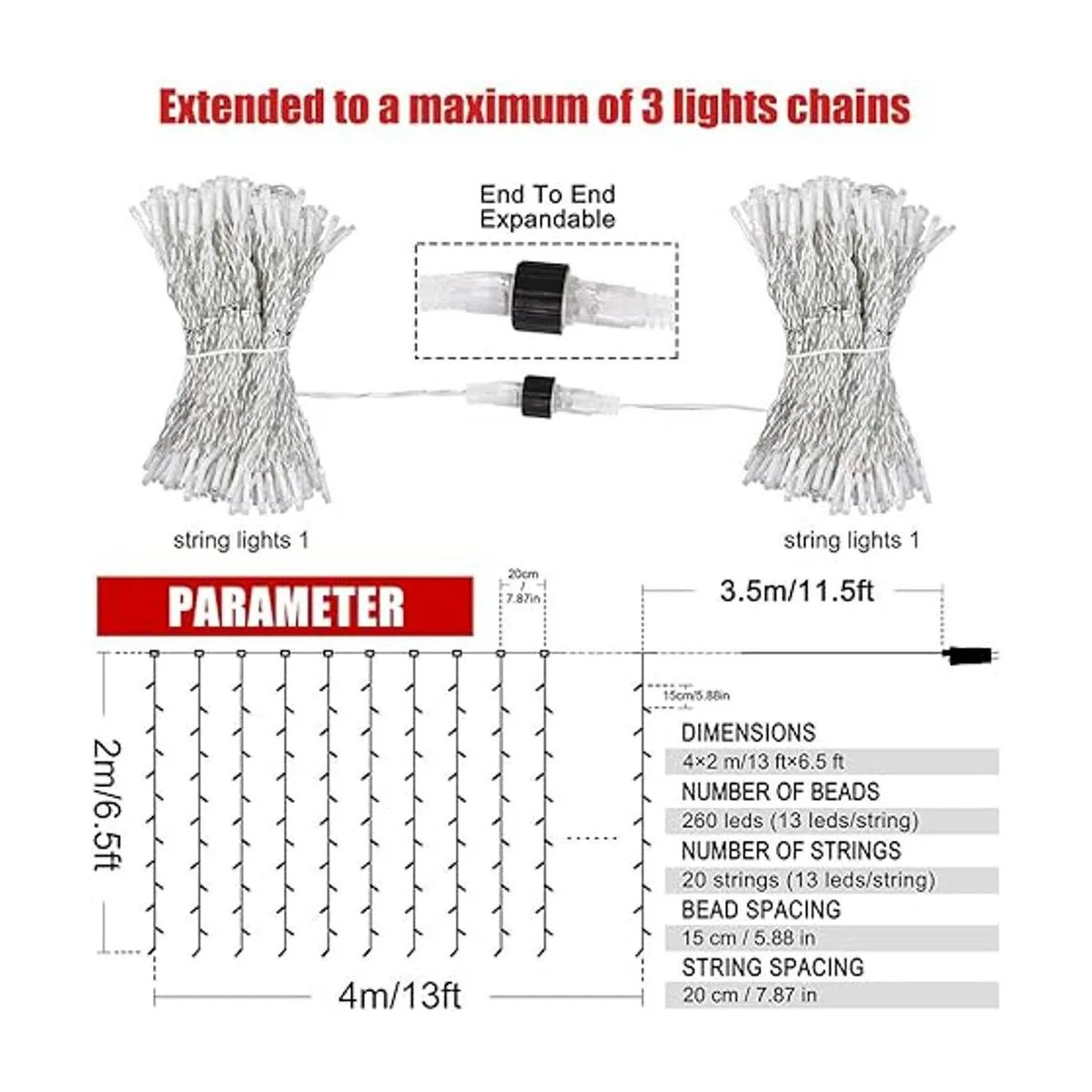 Fiee Luces de cortina de seguridad 13 x 6.5 pies cadena_4
