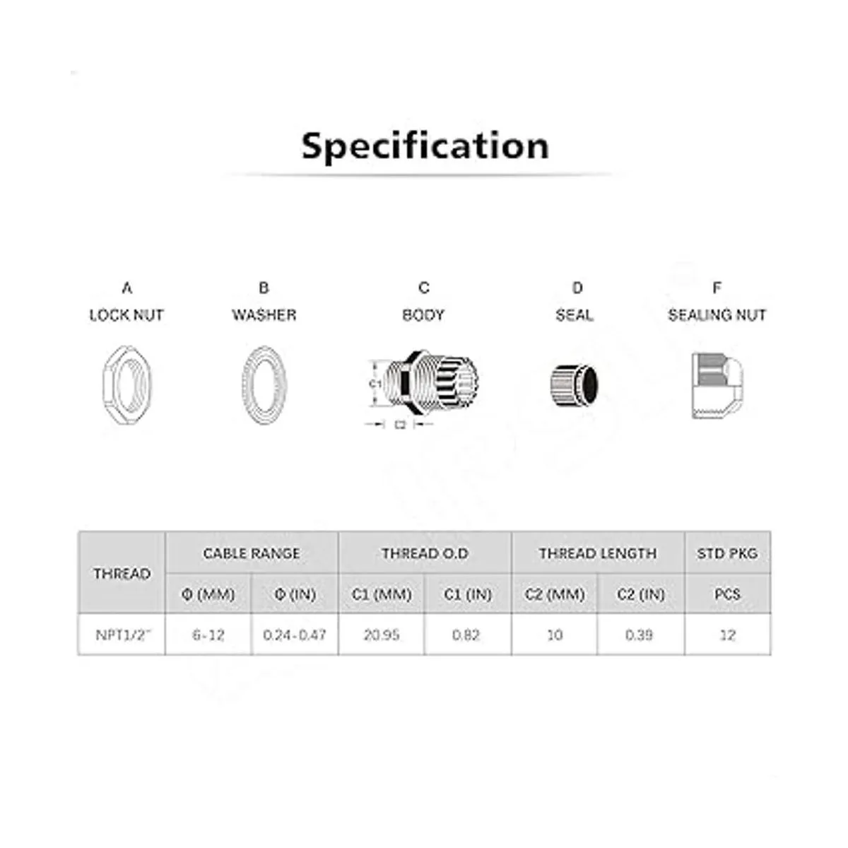 QILIPSU Prensaestopas de nailon NPT de 12 impermeable