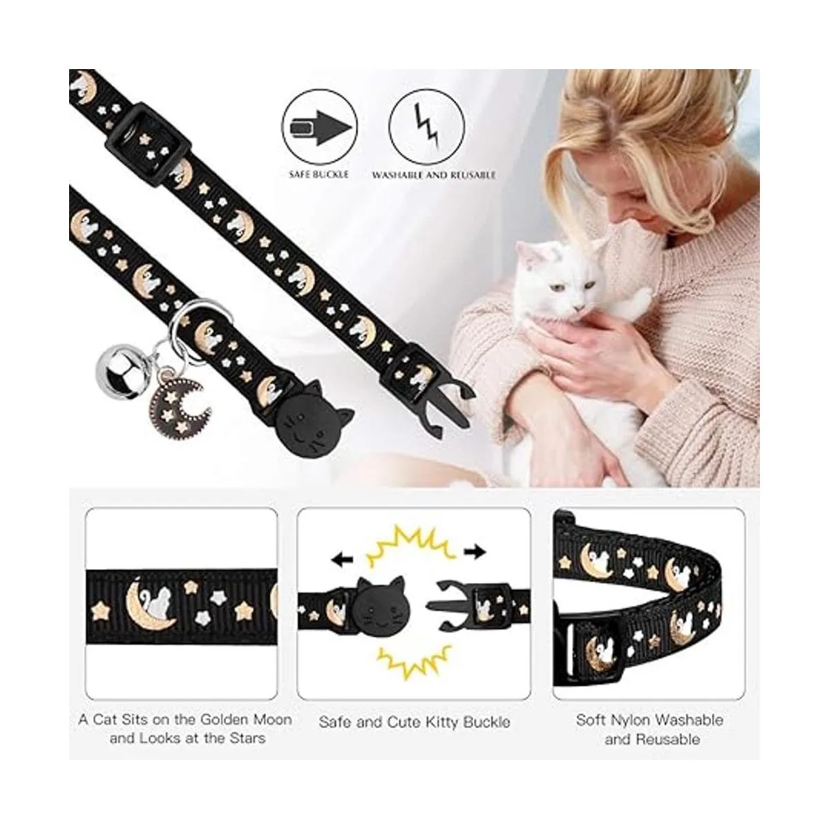 2 collares de gatos separados con lunas campanas