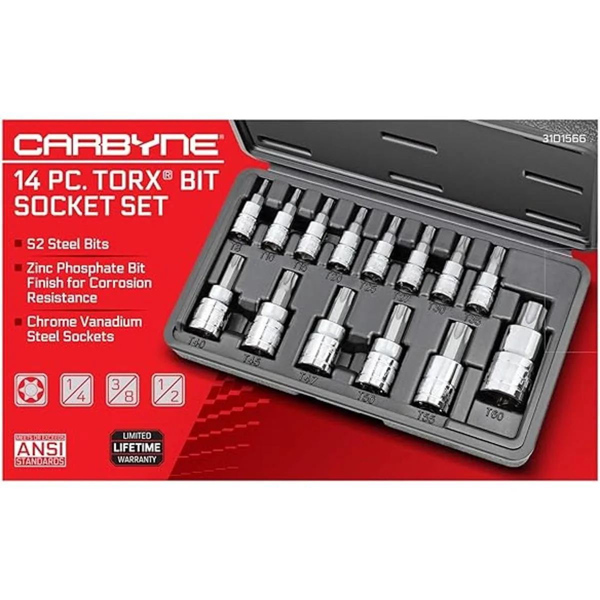 CARBYNE Torx Juego de enchufes de 14 piezas tamaños T8 a