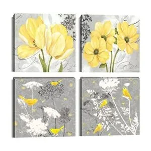 Arte de pared de pájaros de flores grises amarillas y