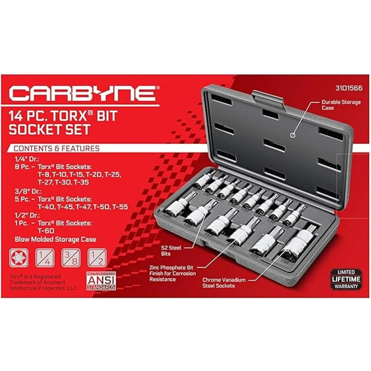 CARBYNE Torx Juego de enchufes de 14 piezas tamaños T8 a