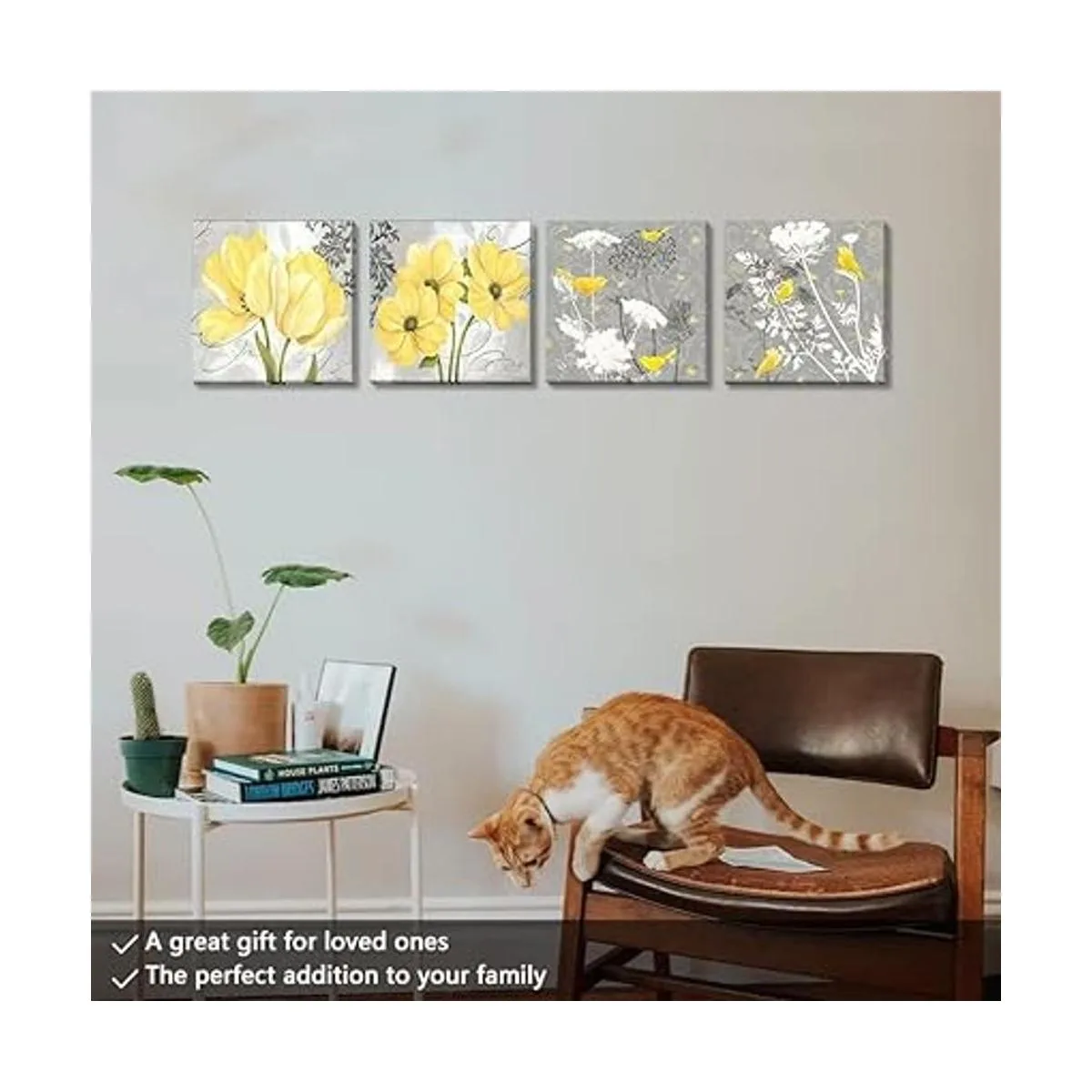 Arte de pared de pájaros de flores grises amarillas y