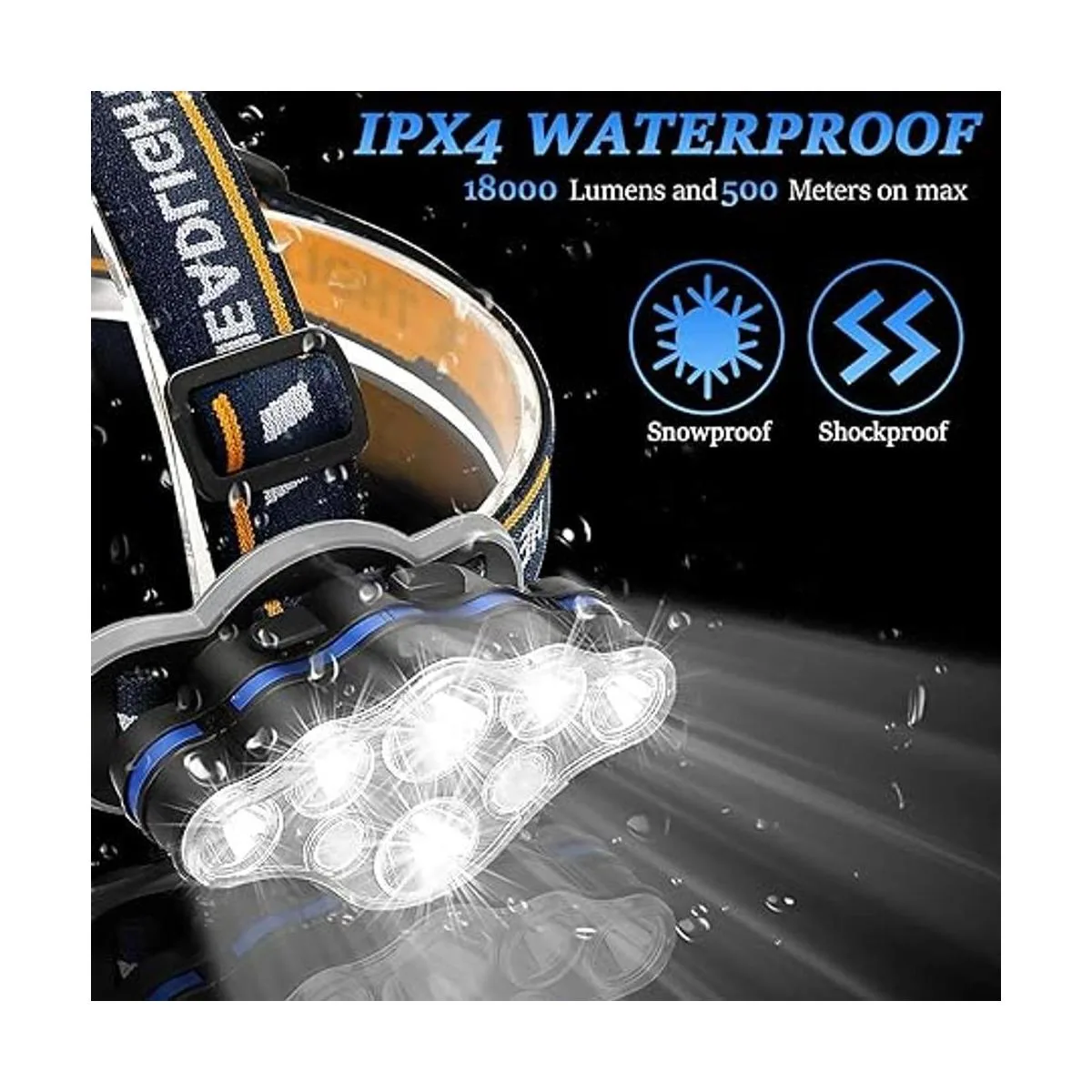 Linterna frontal recargable 8 luces LED de 18000 lúmenes