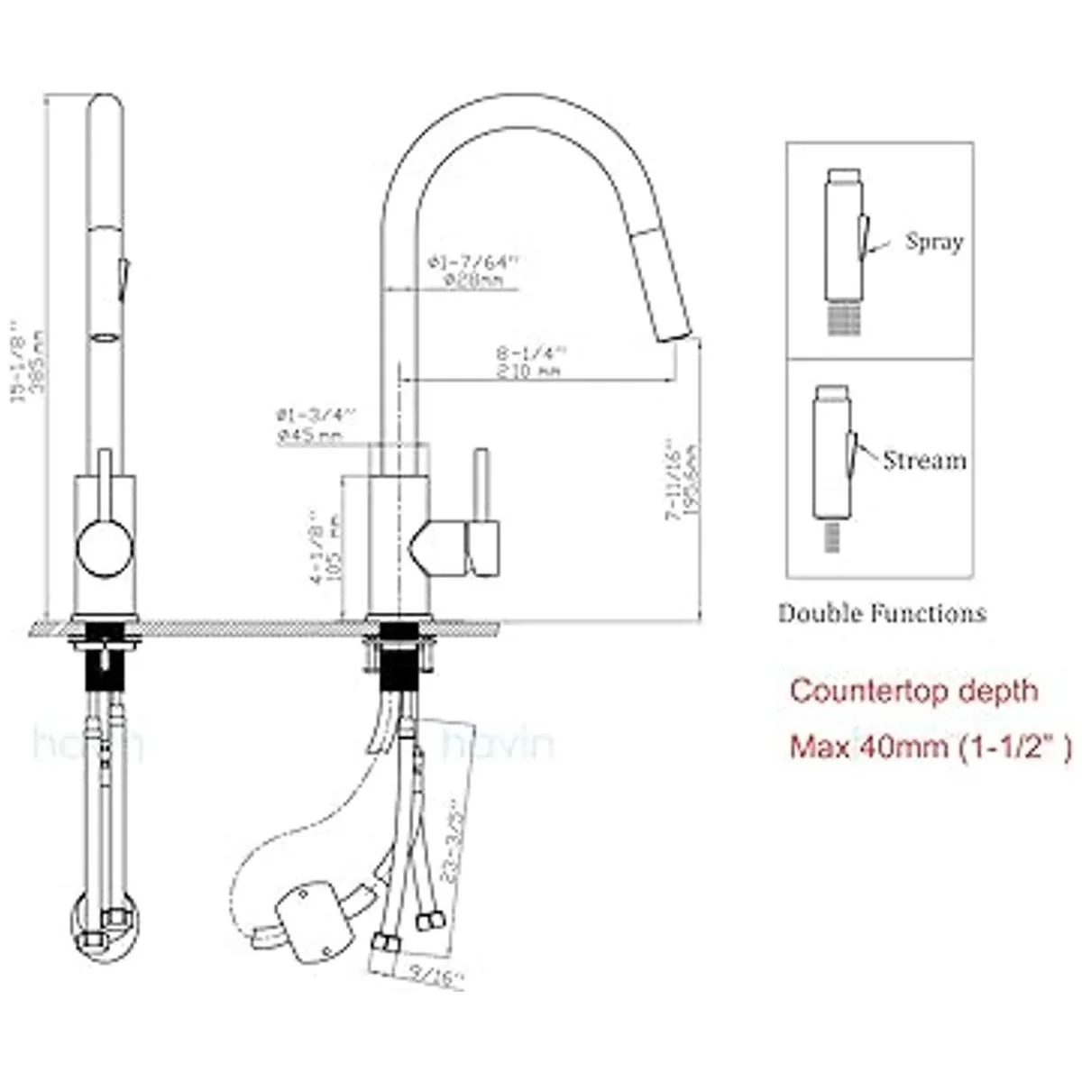 Havin Grifo de cocina negro con rociador extraíble con_6