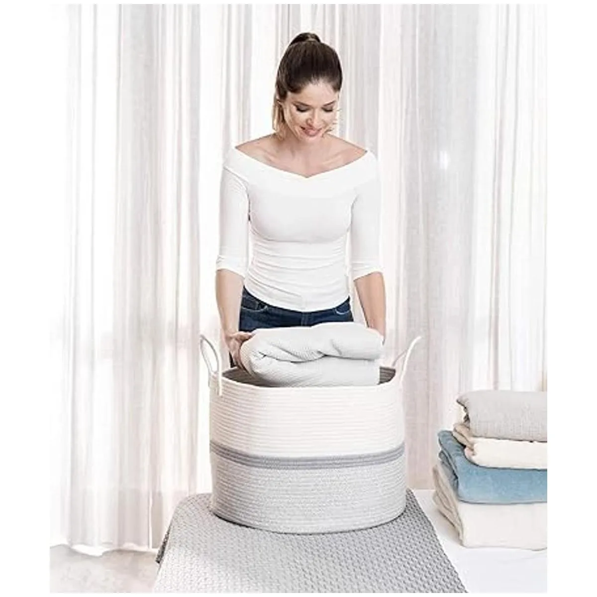 OrganiHaus Cesta de algodón extra grande con asas largas_3