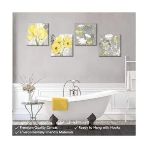 Arte de pared de pájaros de flores grises amarillas y