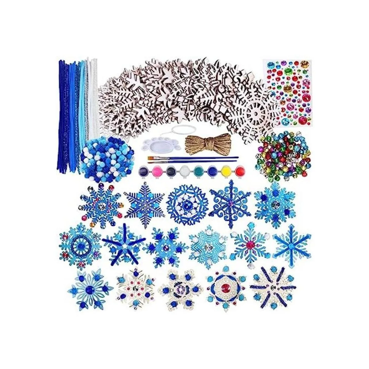 Juego de 32 adornos de copos de nieve de madera natural