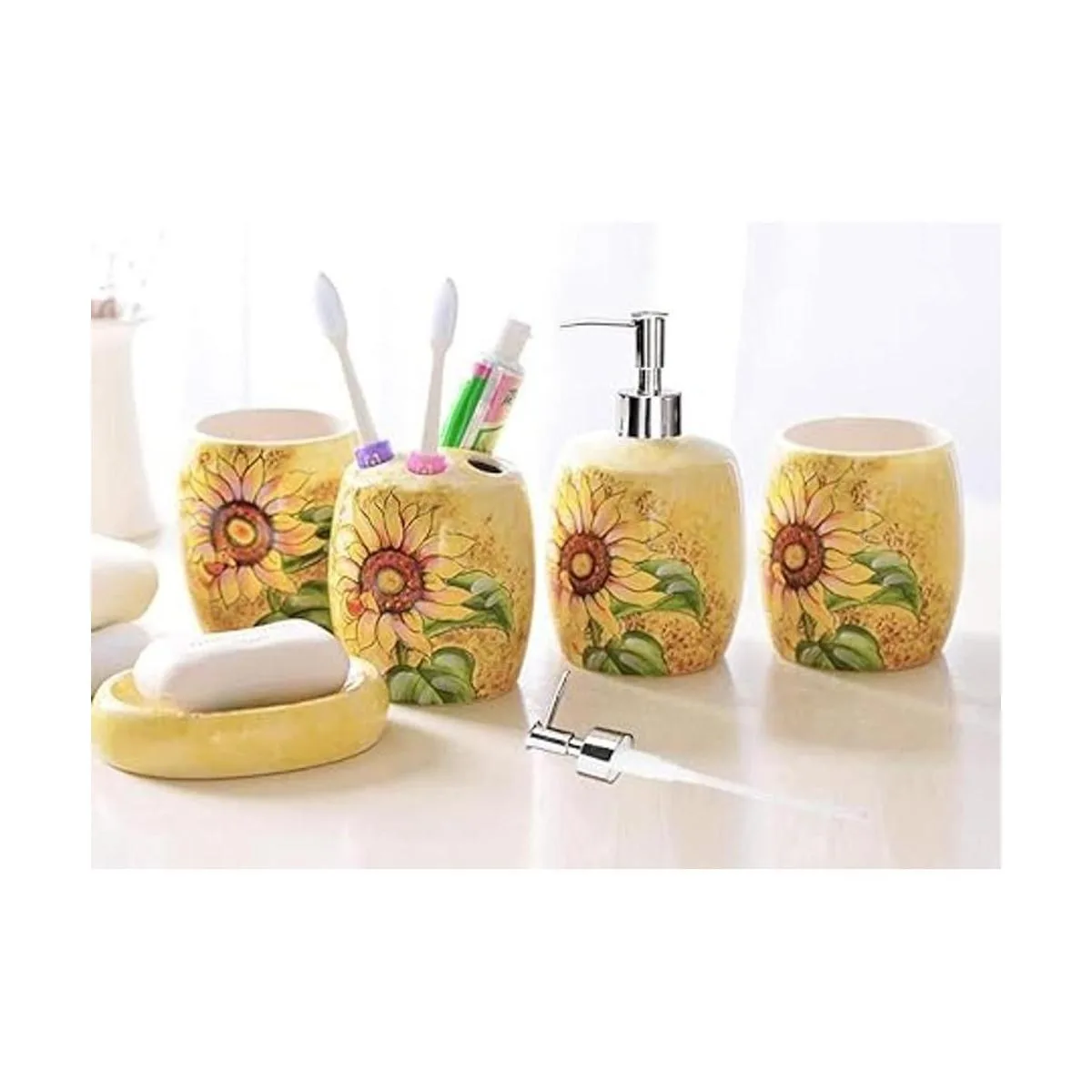 Dispensador de jabón pintado a mano de girasol de cerámica