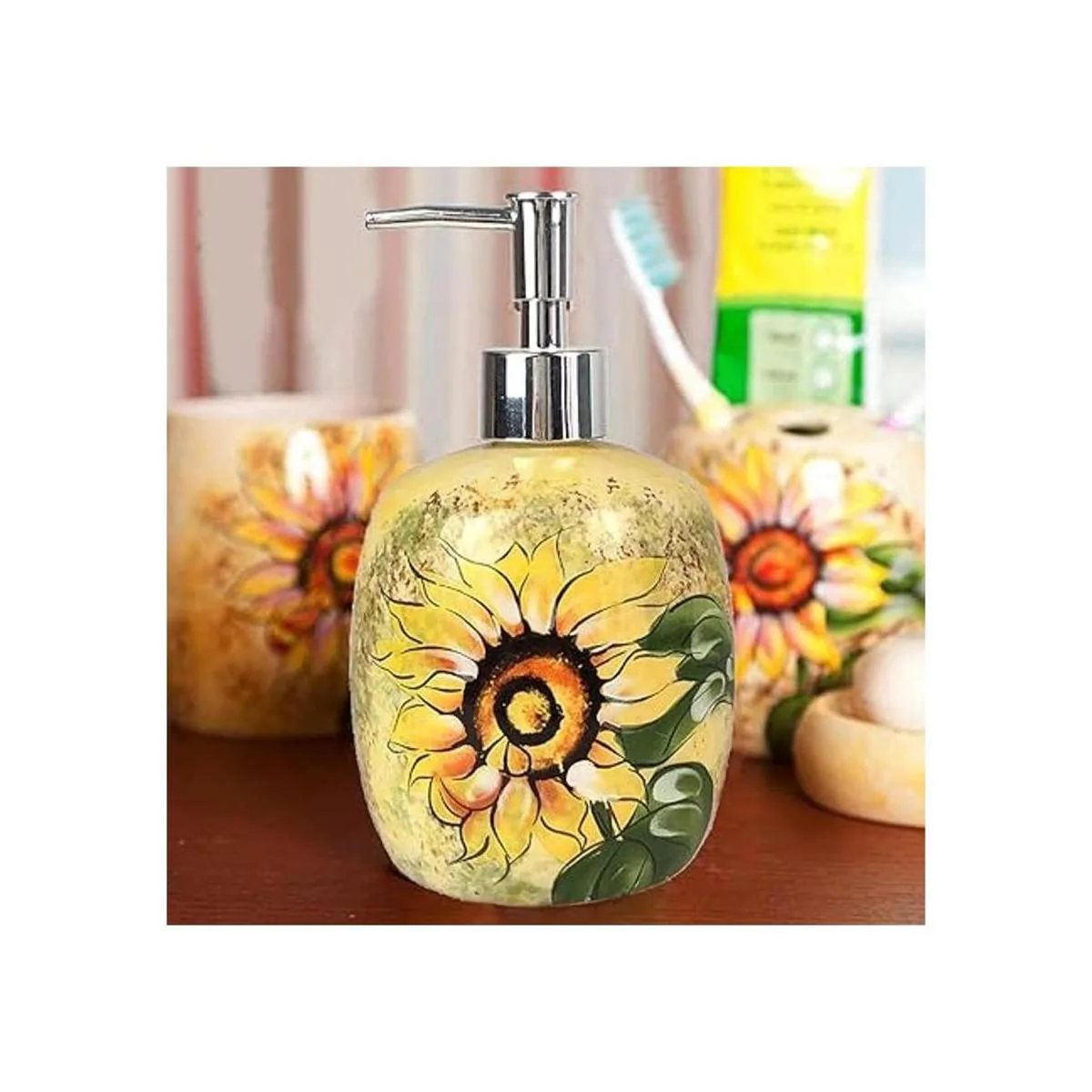Dispensador de jabón pintado a mano de girasol de cerámica