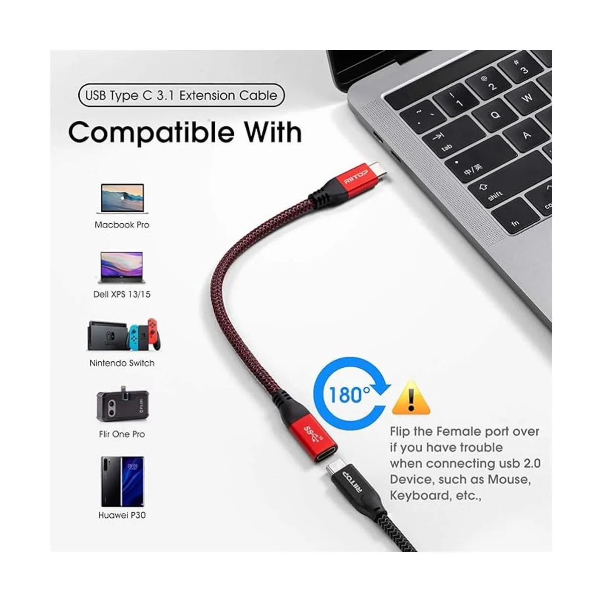 RIITOP Cable de extensión USB C cable trenzado macho a