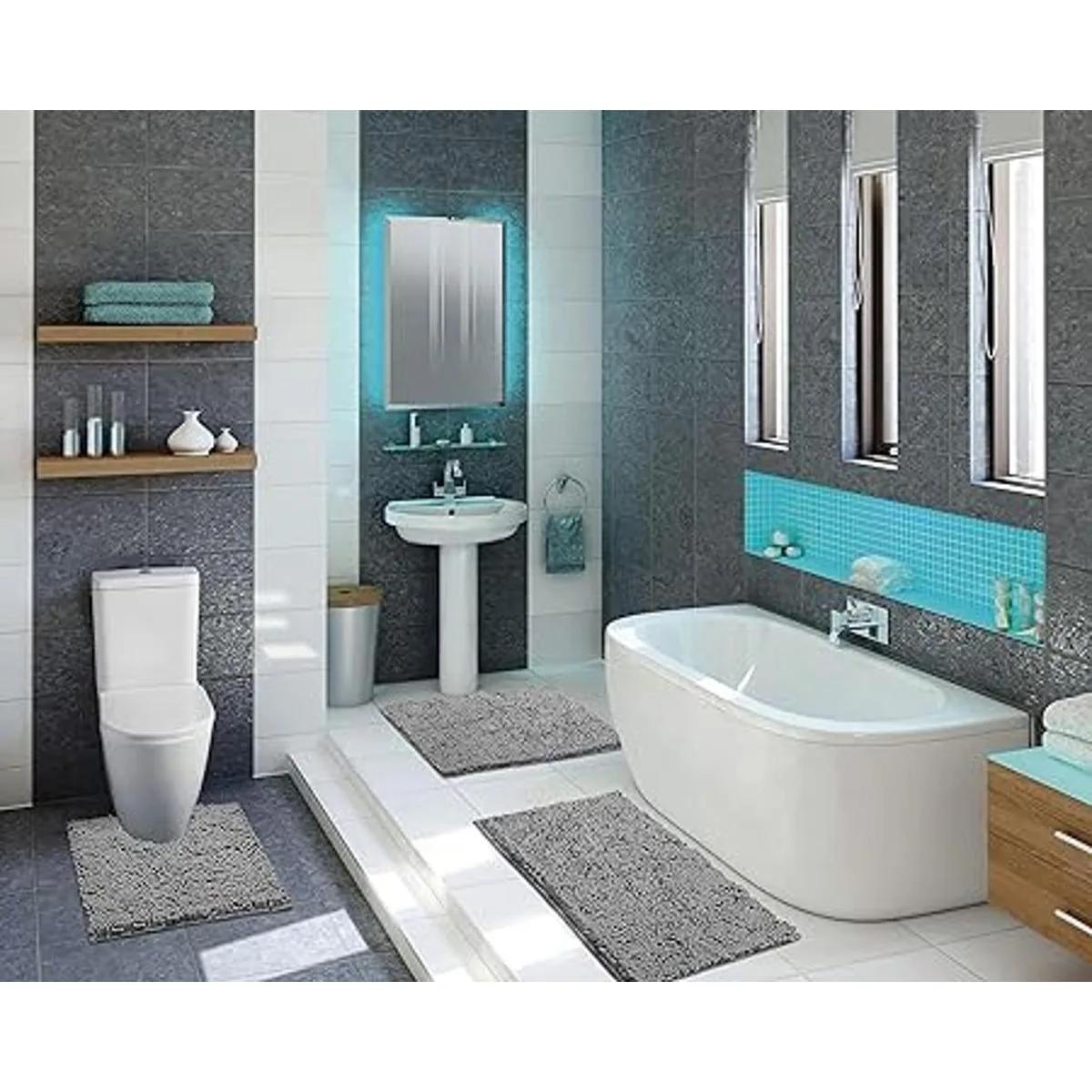 LuxUrux Juego de 3 tapetes de baño de felpilla mullida_4