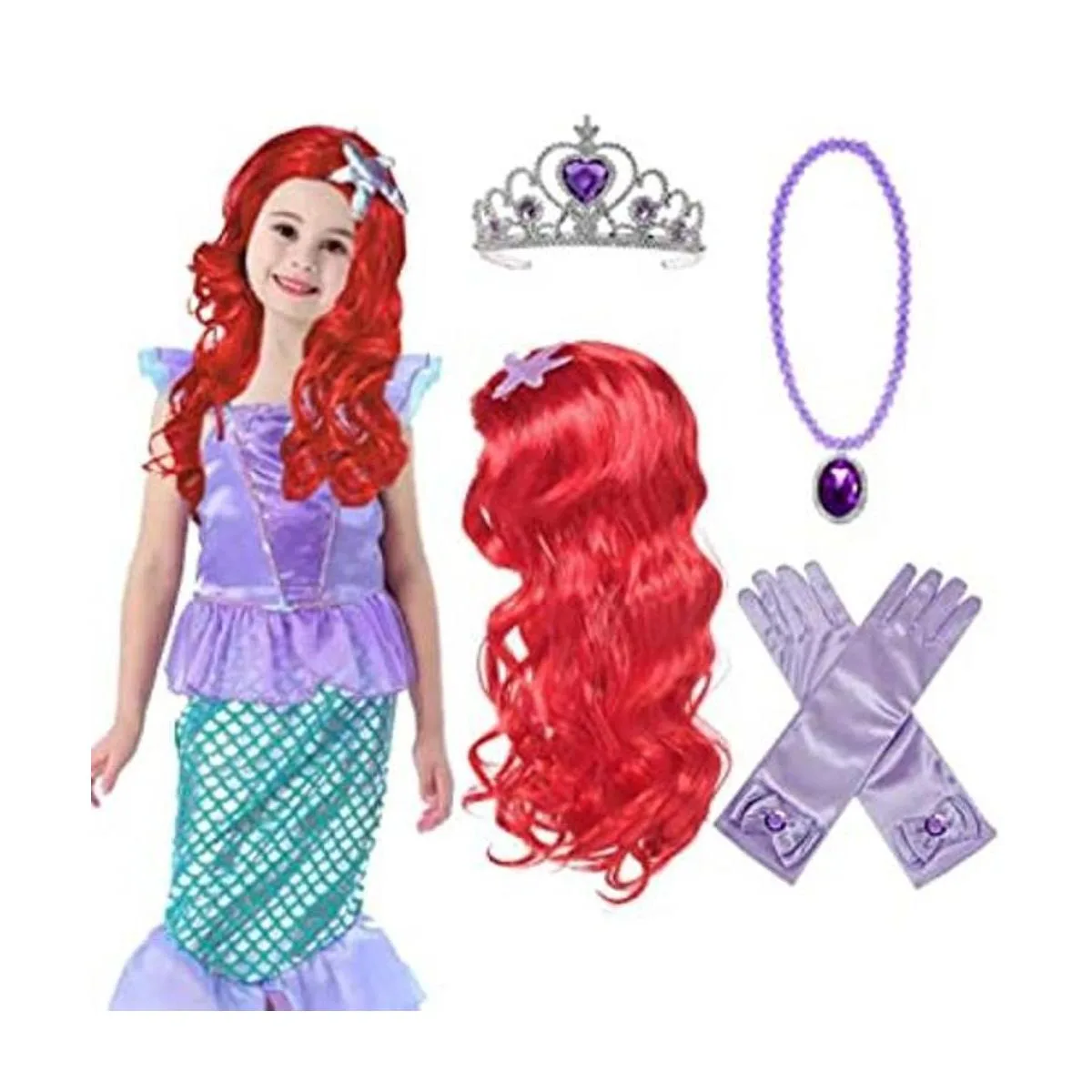 Peluca de princesa de sirena trenza Ariel con tiara de_1