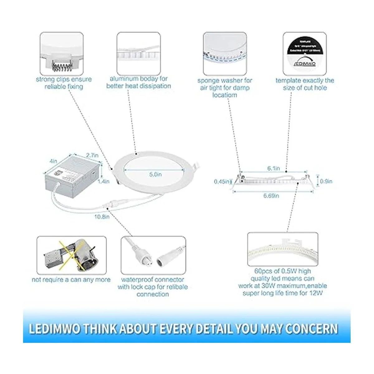 Ledimwo Iluminación empotrable regulable de 12 W 5000 K_3