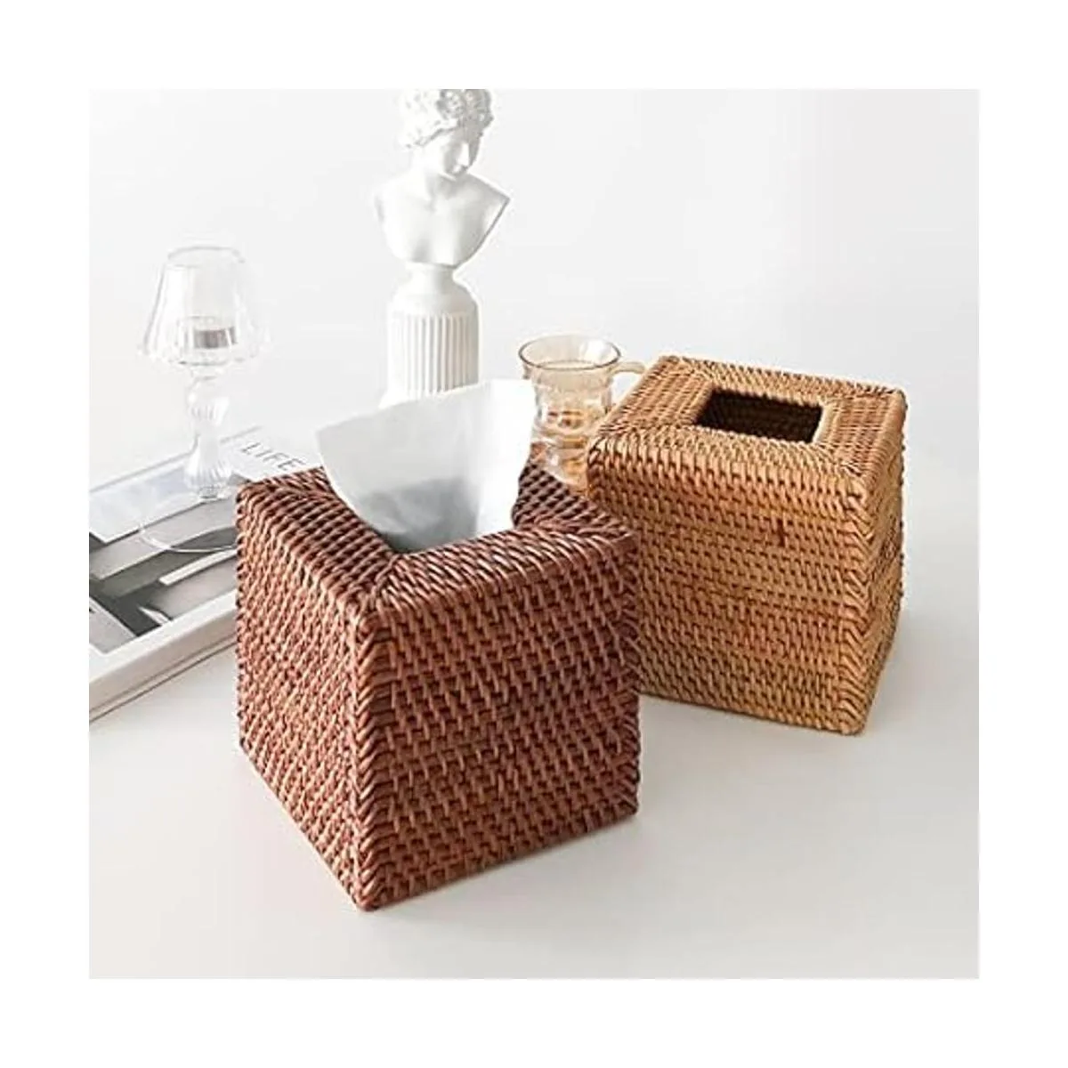 Cubierta de caja de pañuelos de ratán tejido natural para