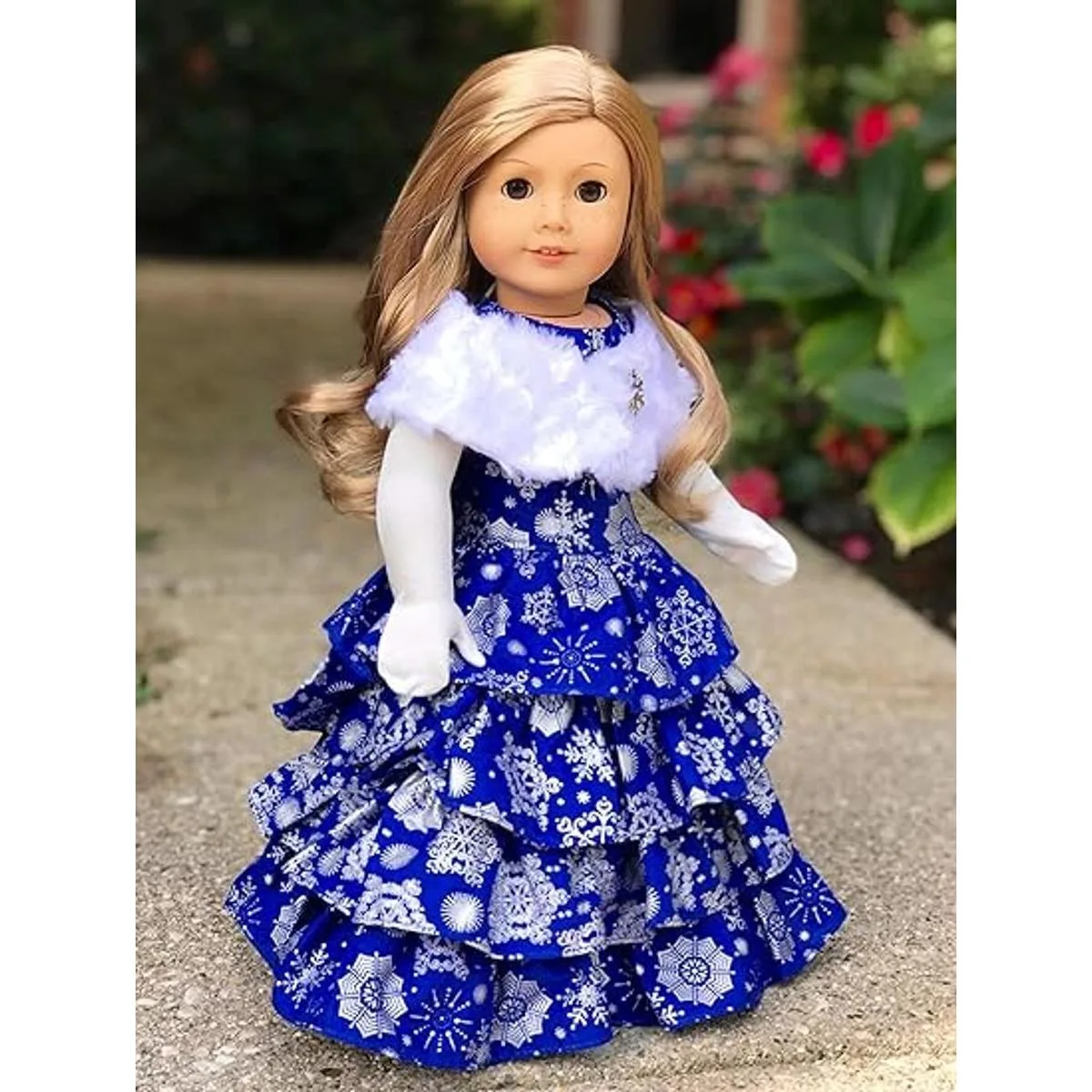 Copo de nieve plateado Vestido azul con estola blanca y