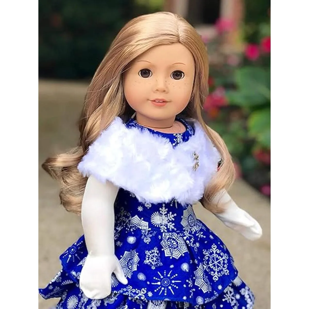 Copo de nieve plateado Vestido azul con estola blanca y