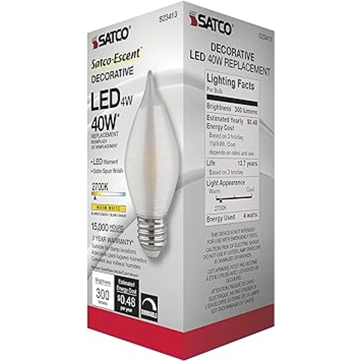 Satco S23413 LED C15 de 4 vatios; hilado en satén;