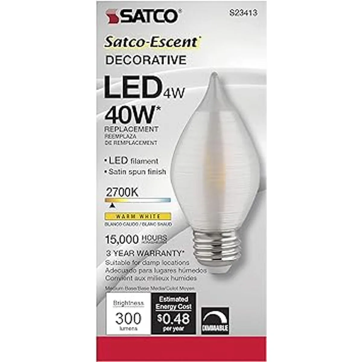 Satco S23413 LED C15 de 4 vatios; hilado en satén;