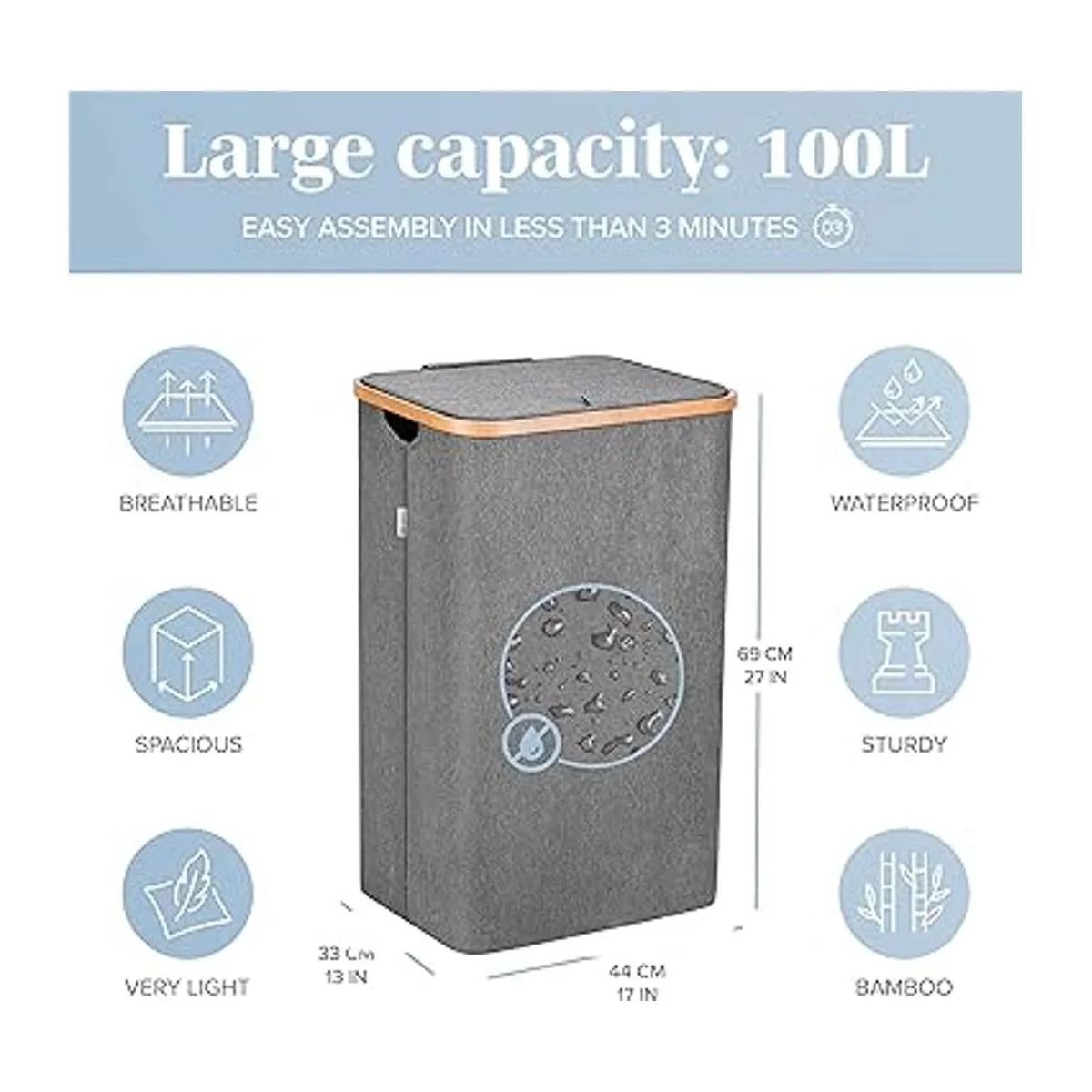 Lonbet Canastas de lavandería grises con tapa tamaño_3