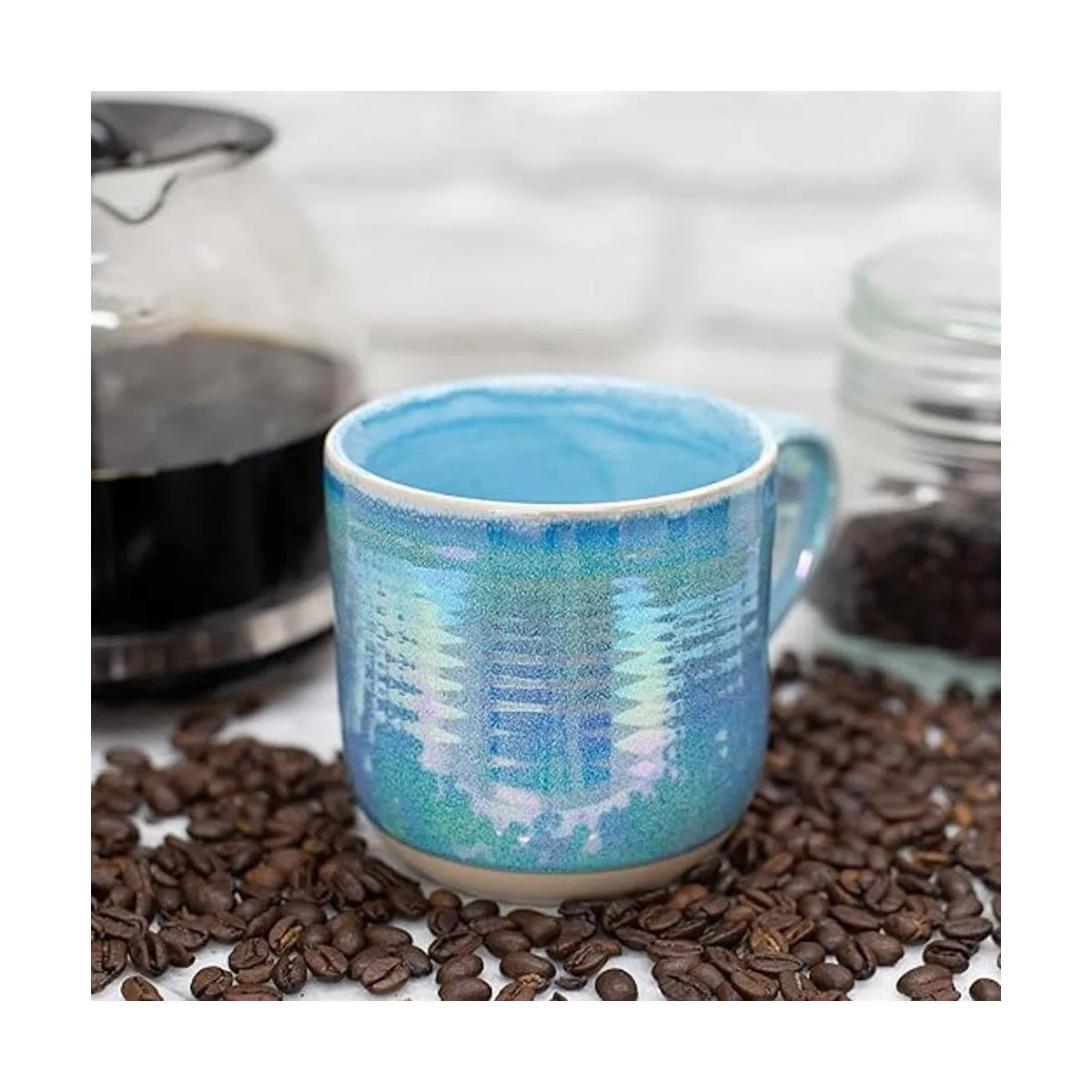 Juego de 4 tazas de café de cerámica iridiscente azul_6