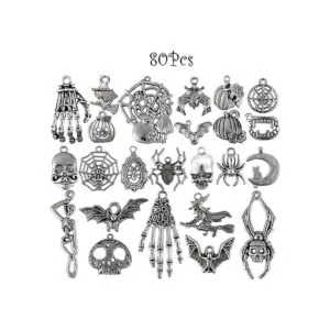 80 dijes de Halloween colgantes de plata antigua