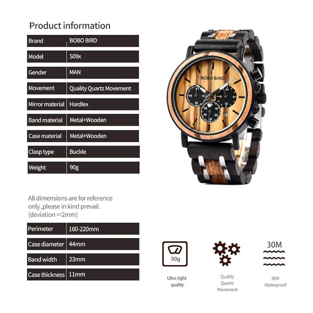 BOBO BIRD Reloj de madera para hombre de lujo ligero de