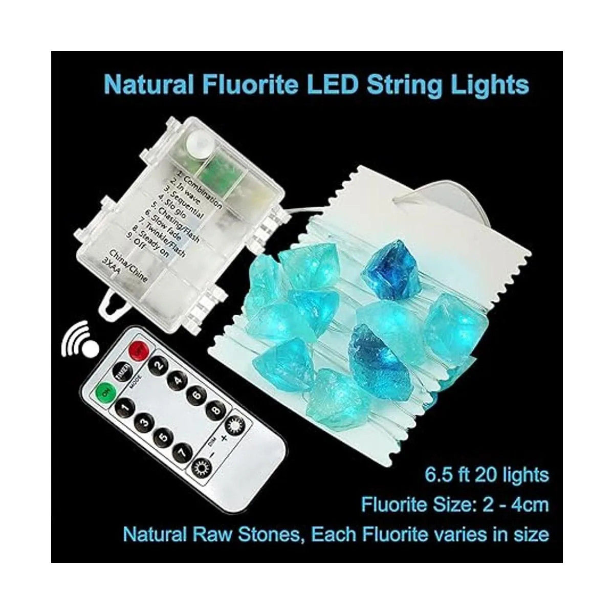 BOHON Cadena de luces de fluorita natural que funciona con_4