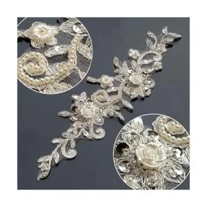 Bling Paillette Apliques de encaje con cuentas de perlas