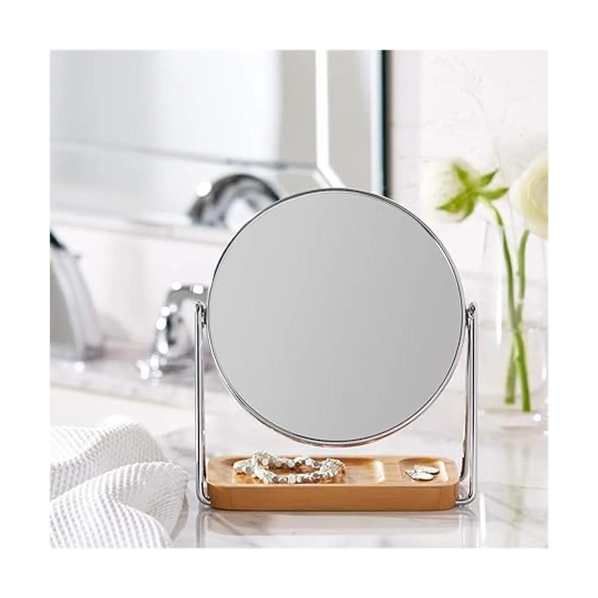 Espejo de tocador con bandeja cuadrada de bambú aumento_5