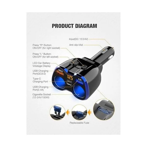 Cargador de automóvil 150 W 2 enchufes divisor de_3