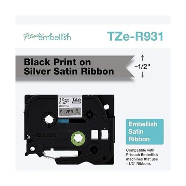 Brother Ptouch TZER931 Cinta de satén plateada con