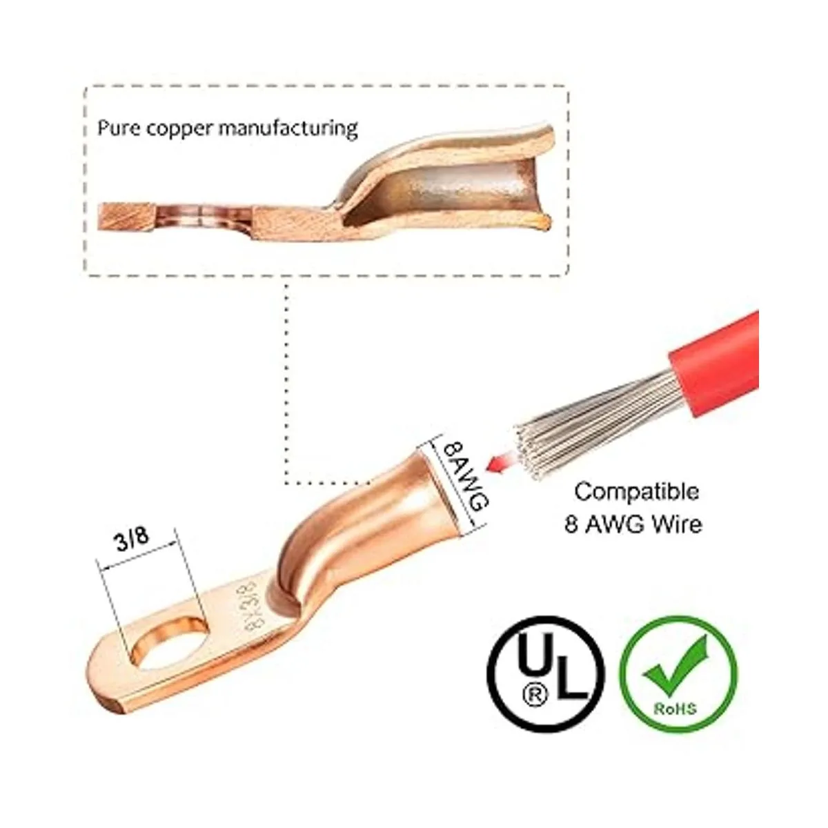 Paquete de 10 lengetas de alambre UL calibre 8 8 AWG_2