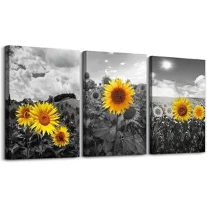 Cuadro de pared con flores de girasol en blanco y negro_1