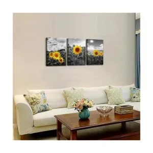 Cuadro de pared con flores de girasol en blanco y negro_2