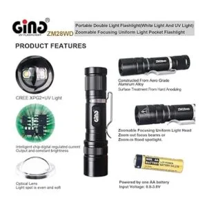 GING UV FLASHLIGHT ZM28 365 nm Linterna LED doble UV y