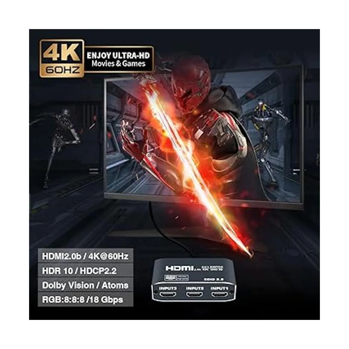 Interruptor HDMI 4K 60Hz de 3 puertos avedio Links_6