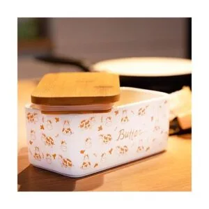 Lumicook Mantequera de porcelana con tapa tapa de bambú_6