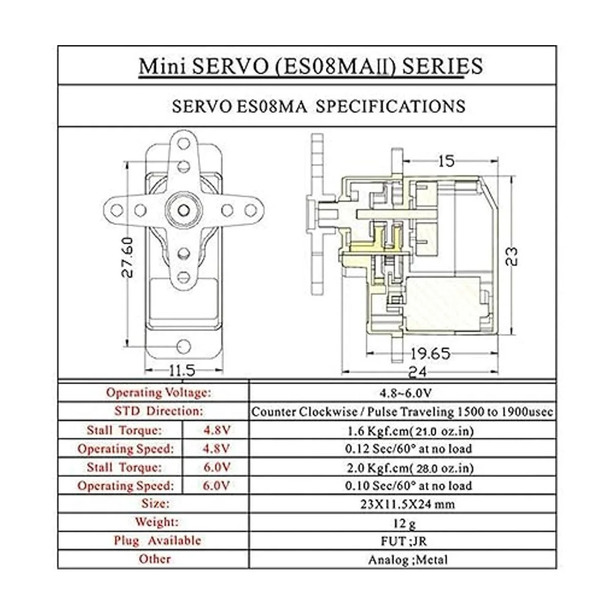 RGBZONE 4 piezas ES08MA II 0.42 oz Mini engranaje de metal