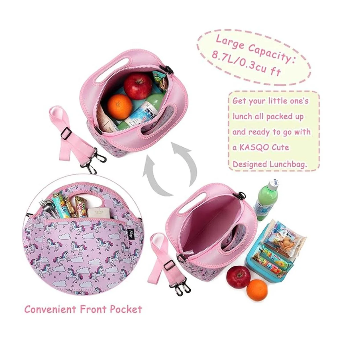 KASQO Lonchera de neopreno para niñas con bolsillo_3
