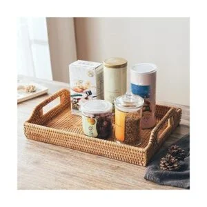 Bandeja de ratán tejida a mano con asas para desayuno