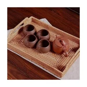 Bandeja de ratán tejida a mano con asas para desayuno