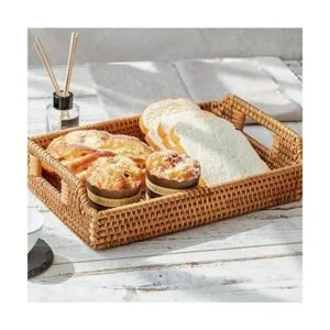 Bandeja de ratán tejida a mano con asas para desayuno