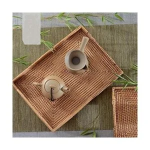 Bandeja de ratán tejida a mano con asas para desayuno