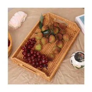 Bandeja de ratán tejida a mano con asas para desayuno