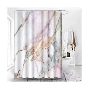 ArtSocket Cortina de ducha rosa y blanco patrón de mármol